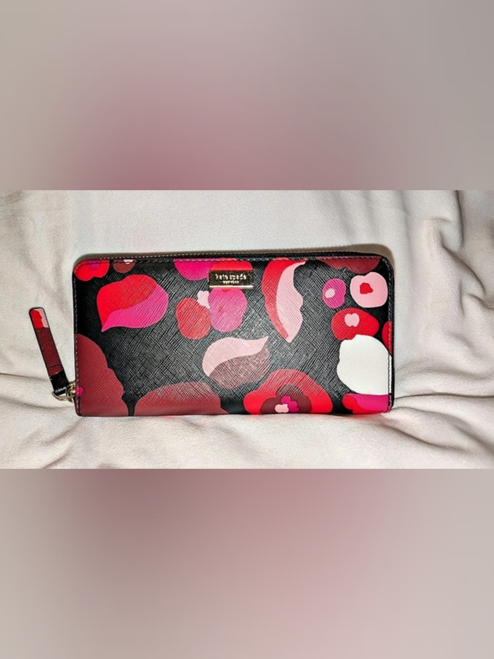 Kate Spade Grant Street Wonder Floral Neda Leather Zip Around Wallet Black Red